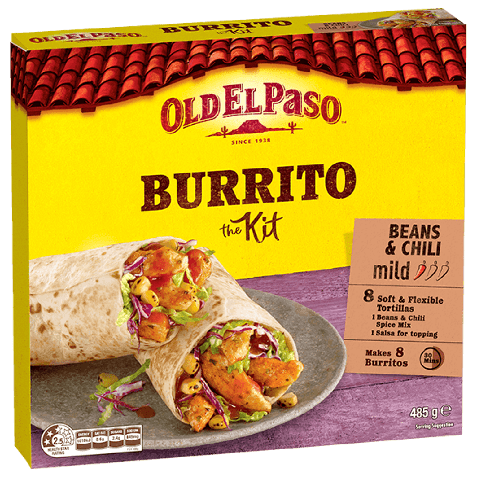a pack of Old El Paso's beans & chili mild burrito kit containing tortillas, beans & chili spice mix & salsa for topping (485g)
